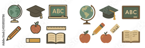 Education-themed icons depicting various school supplies, learning tools, and symbols of academic achievement in a colorful arrangement