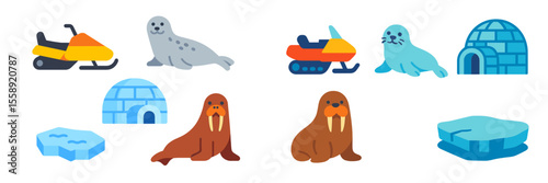 Colorful Arctic wildlife illustrations with seals, walruses, and igloos showcasing winter activities