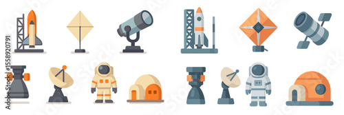Collection of space exploration icons showcasing rockets, telescopes, and astronauts for educational purposes