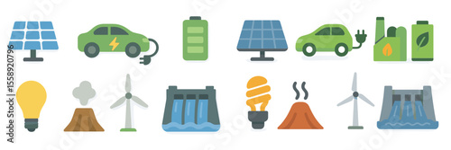 Icons representing renewable energy sources and electric vehicles for sustainable living and eco-friendly practices