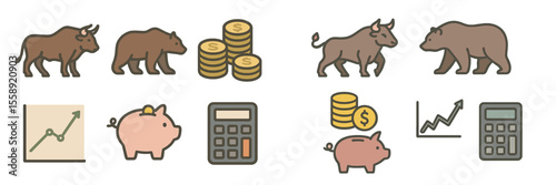 Symbols of finance and market trends illustrated through animals and monetary icons