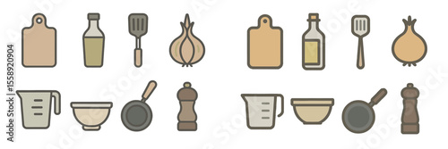 Kitchen utensils and ingredients displayed on a light background for culinary preparations and cooking activities
