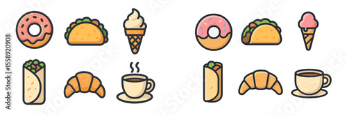 Colorful illustrations of food items including donuts, tacos, ice cream cones, and coffee displayed in a playful arrangement