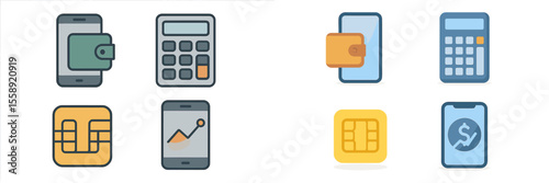 Digital financial icons representing mobile banking, budgeting, and payment transactions in a modern design