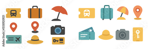 Travel essentials represented through simple icons displaying activities, transportation, and necessities for summer vacations