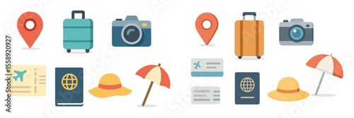 Travel essentials illustration featuring luggage, cameras, maps, and travel documents organized neatly on a flat surface