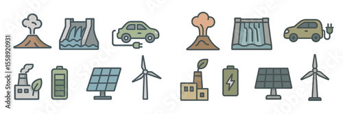 Various renewable energy icons showcasing diverse sources of power generation and their environmental impact