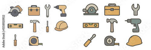 Collection of essential tools and equipment for construction and repairs displayed on a clean background