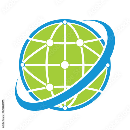 Green and blue globe with network connections and orbiting rings technology communication