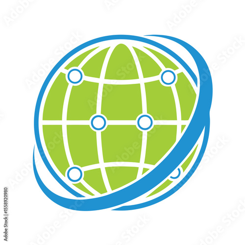 Green globe with blue orbiting lines and connection points world network