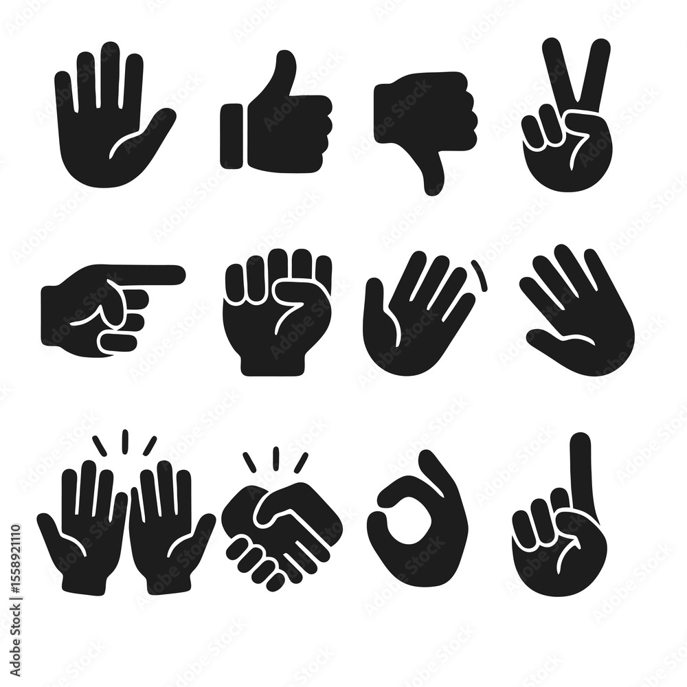 Fototapeta premium Black set of 12 hand icons. Minimal vector for signs, expression, and agreement.