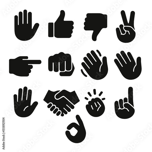 12 black gesture icons. Solid vector for communication, approval, and interaction.