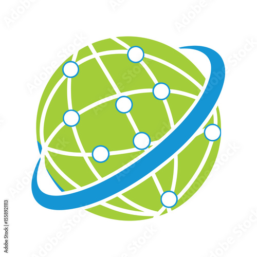 Green globe with blue orbiting ring and connected nodes network connection