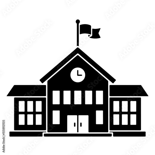 Black School Building Icon with Clock and Flag. This universally recognized symbol is ideal for educational themes, learning, academic settings, and community services
