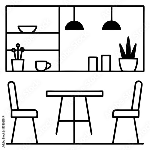 Flat illustration of a cafe interior with tables, chairs, plants, coffee cups, and wall shelves. Warm and inviting.