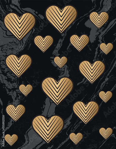 Gold Linear Hearts on Marble Black Background