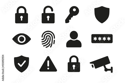 12 black security icons. Solid vector for privacy, access, and protection.
