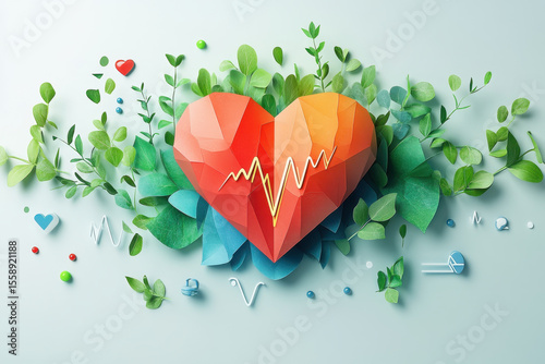 Heart with heartbeat, surrounded by leaves.