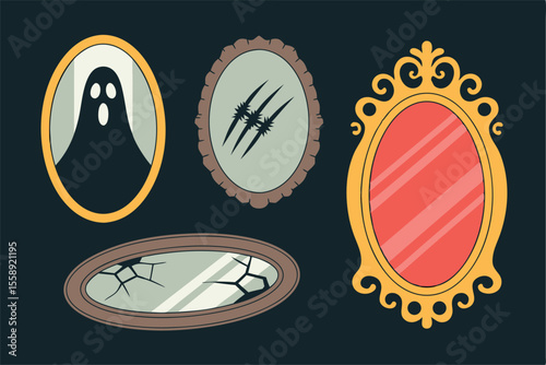Cartoon Illustration of Four Spooky Mirrors with a Ghost, Scratches, and Cracks