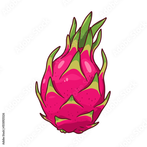 Whole dragon fruit vector icon with pink skin and green scales
