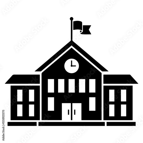 Black School Building Icon with Clock and Flag. This universally recognized symbol is ideal for educational themes, learning, academic settings, and community services