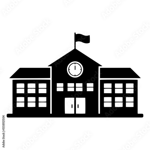 Black School Building Icon with Clock and Flag. This universally recognized symbol is ideal for educational themes, learning, academic settings, and community services