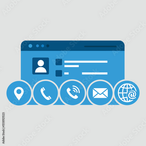 Business card and website icon set. Contact information blue icons containing name, location, phone, email and web address symbol.