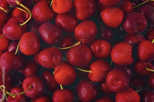 fresh sweet cherries seen directly above. Background texture. 
