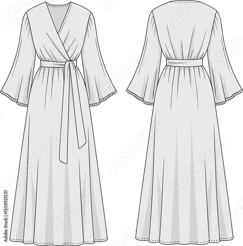 Long sleeve wrap dress front and back view with belt detail and flare hem, cad drawing, flat vector fashion illustration