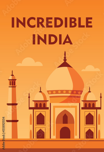 Vector vertical illustration banner of Taj Mahal with caption Incredible India. Ideal for holidays, tourism, presentations, social media and posters about beauty and cultural richness of India