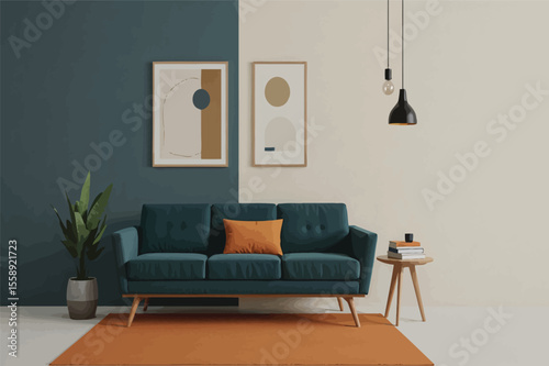 Modern living room interior design teal sofa orange rug