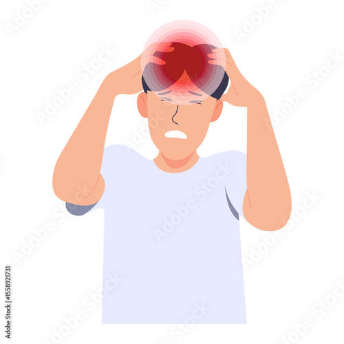 Man holding head, unwell, severe headache. Illness of Migraine. Vector illustration on white background.
