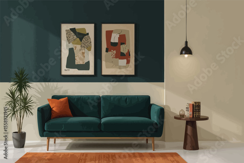 Modern living room interior design green sofa abstract art