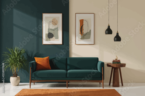 Modern living room interior design green sofa abstract art