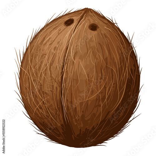Whole coconut with hairy brown exterior and visible eyes, vector design