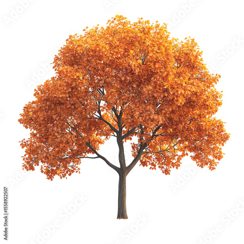 A single tree with vibrant orange autumn leaves against a black background showcasing its full form and detail