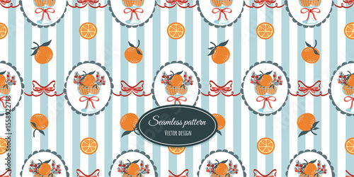 Vintage modern festive seamless pattern with tangerines, fir branches and bows, flirty wallpaper with fruits and frames. Vector design.