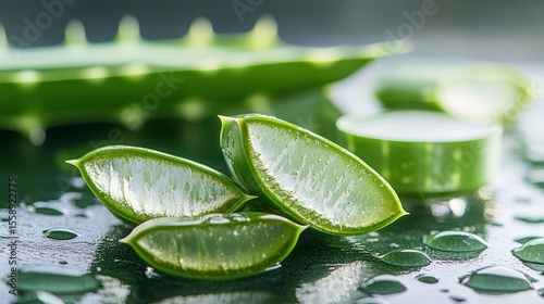 Fresh aloe vera slices on a dark surface
