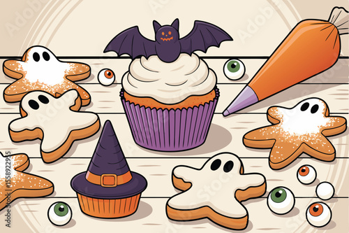 Halloween Cupcakes and Ghost Cookies Icing Bag, Eyeballs, and Festive Treats on a Wooden Surface