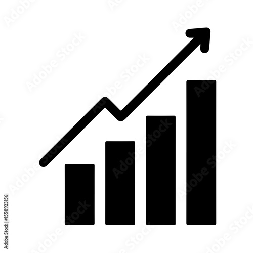 Black Upward Trending Bar Graph Icon represents growth, progress, increasing statistics, financial success, and positive trends