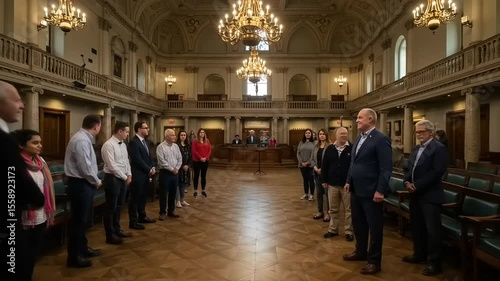 Group of people standing in a formal setting, engaged in a ceremony within a grand hall