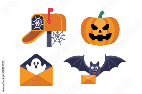 Halloween Mailbox, Pumpkin, Ghost in Envelope, and Bat with Envelope Cartoon Vectors