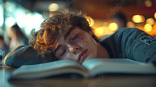 Dreamy student rests amidst open book