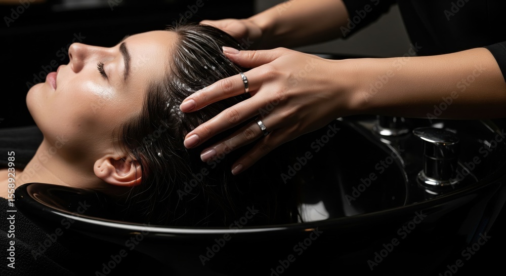 Naklejka premium Woman getting hair wash treatment in salon black sink close up