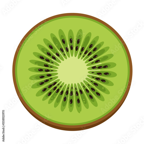 Sliced kiwi with green pulp and seeds in fresh green and black colors, vector design
