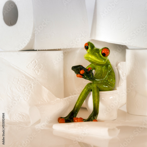 Frog sits on a toilet surrounded by rolls of toilet paper and holds a smartphone in his hands