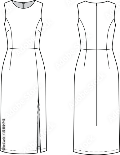 Sleeveless midi dress fashion flat sketch, side slit, waist seam, back zipper, vector outline, elegant clothing, technical illustration