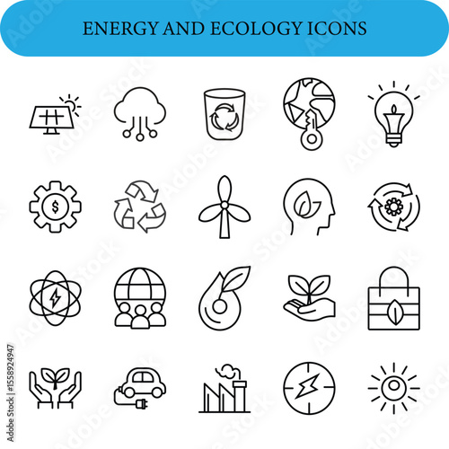 A set of 20 line icons related to energy and ecology, arranged in a 4x5 grid. Ecology icons for web and mobile app. Solar panel, recycle, eco, green electricity, nature, bio, power, water, power 
