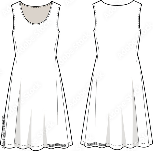 Sleeveless skater dress front and back flat view, minimal design, technical fashion cad drawing vector template for sewing and illustration