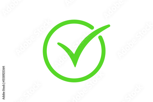 Bright green check mark inside a circle symbol isolated on transparent background